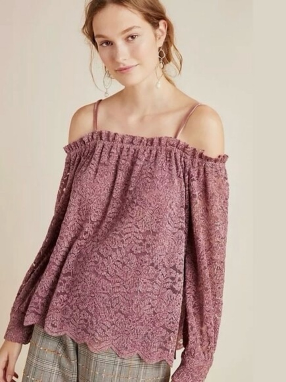 Anthropologie Eri & Ali Romana mauve off-the-shoulder lace long sleeve top sz M